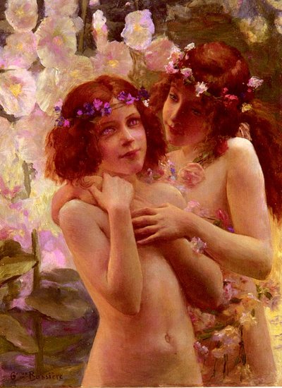 Zwei Kinder mit Blumenkränzen von Gaston Bussiere